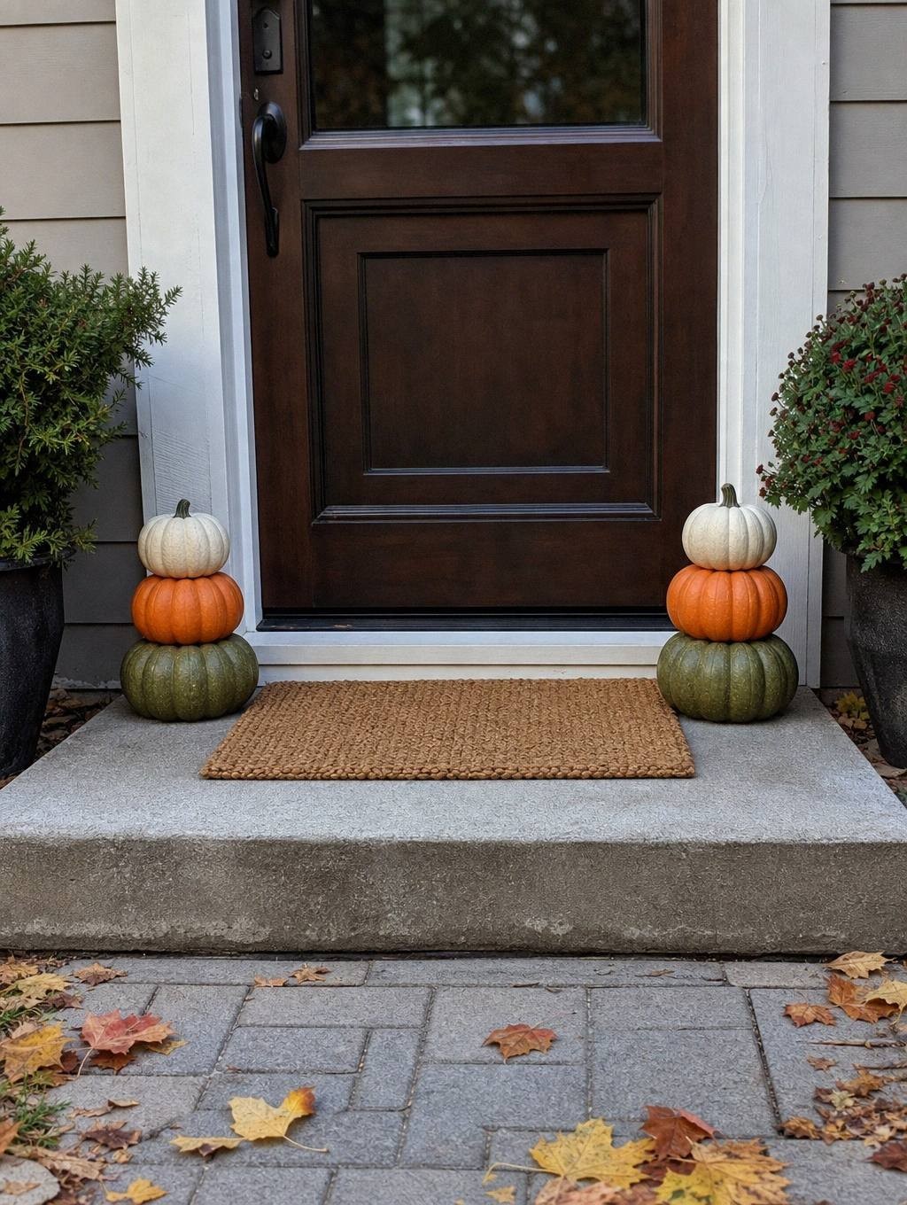 stacked white orange and green pumpkins flanking a dark front door above a plain coir mat