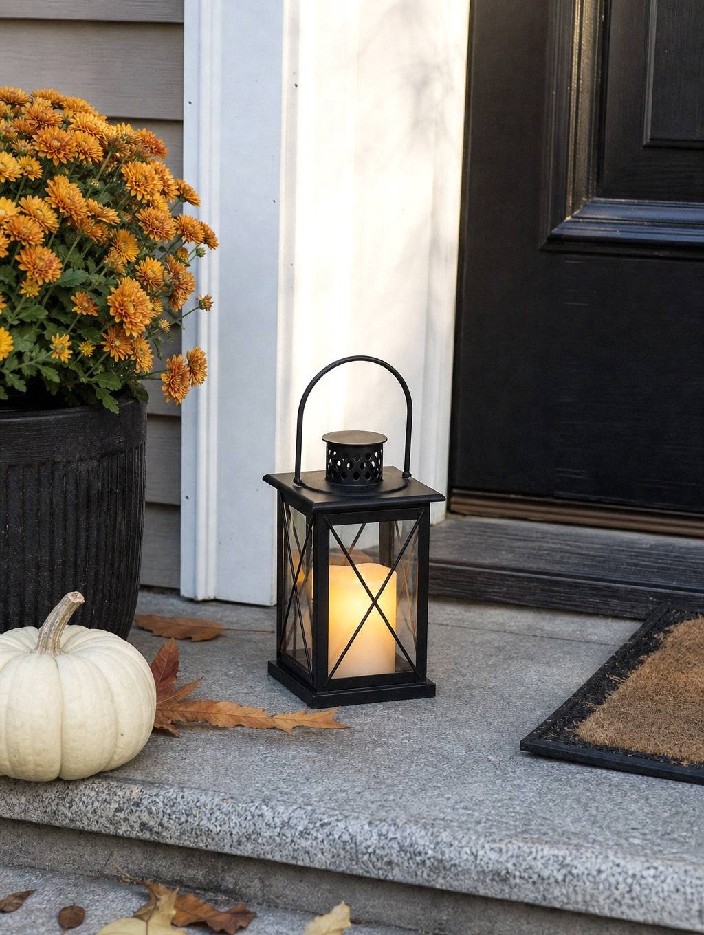 small black lantern with a lit candle on a front step beside golden mums and a white pumpkin