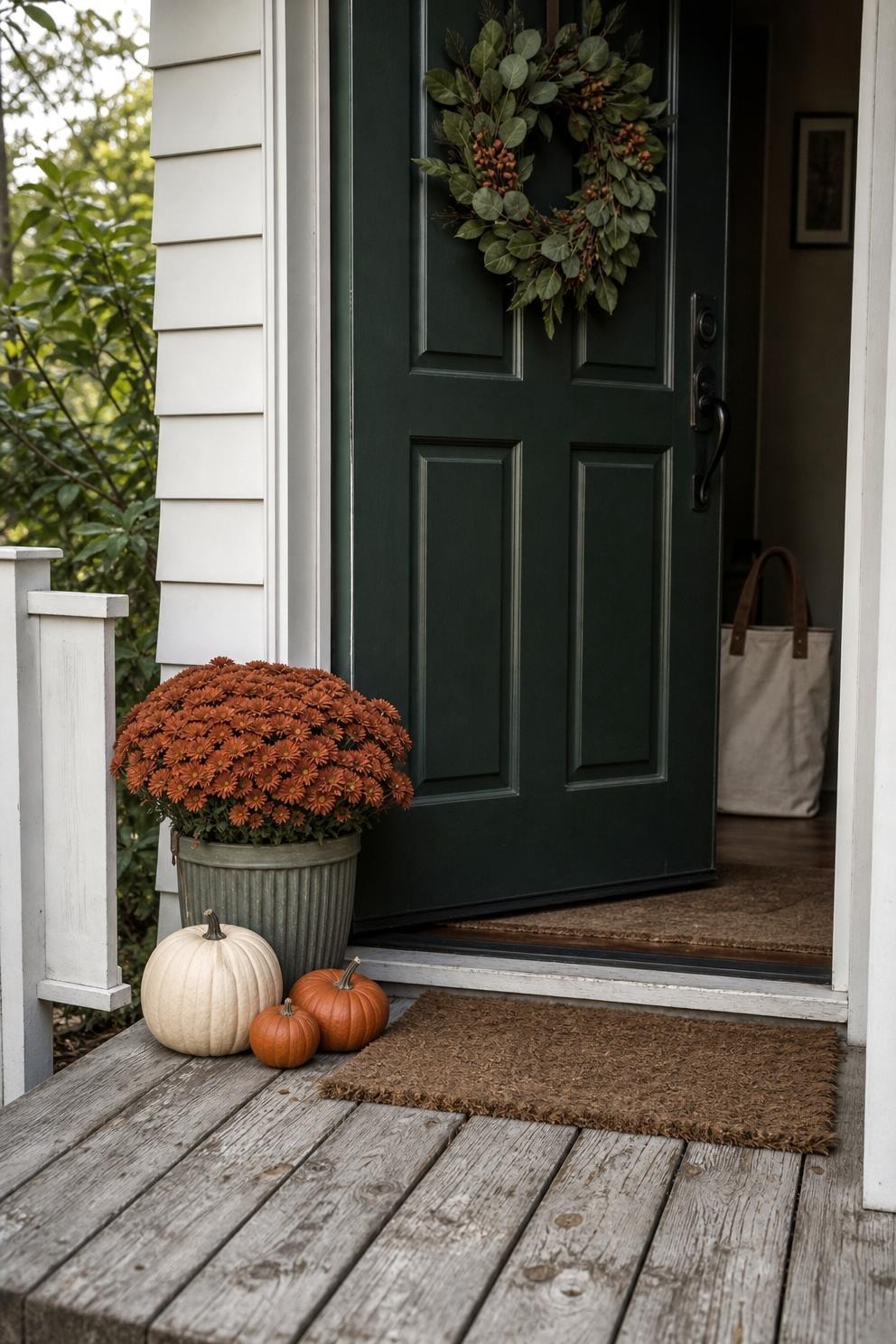 Small fall porch decorated in a repeated palette of rust, cream, and deep green