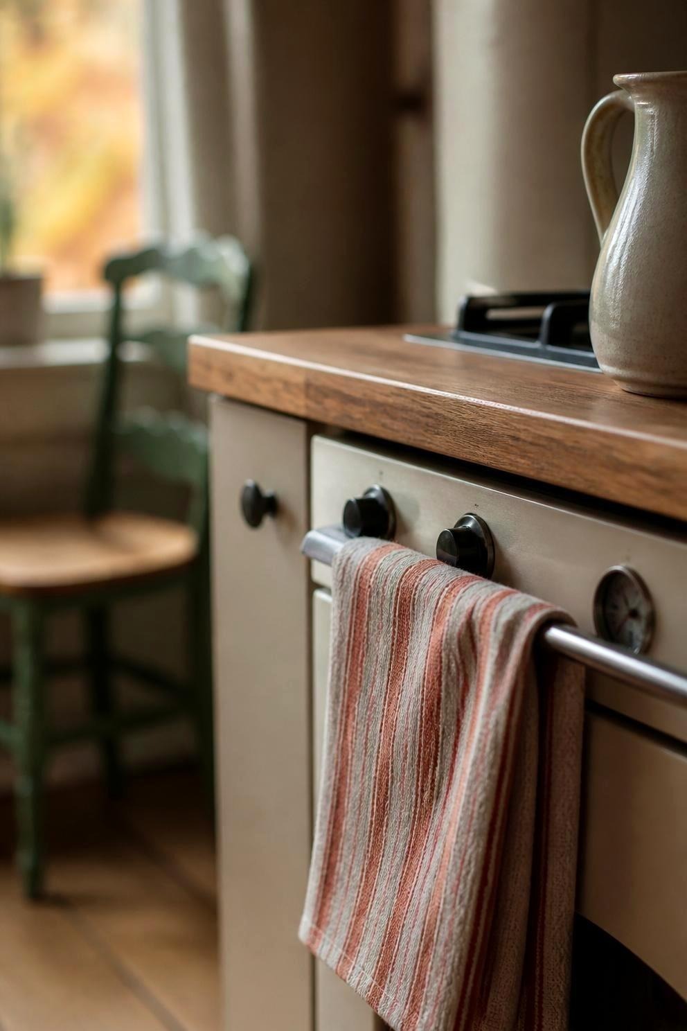 striped linen tea towel folded over an oven door handle in a small kitchen