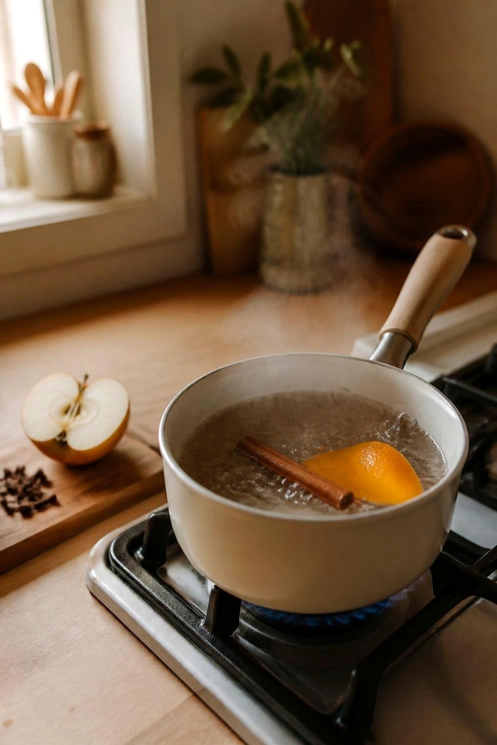 small pot simmering on a stove with orange peel and cinnamon sticks in the water