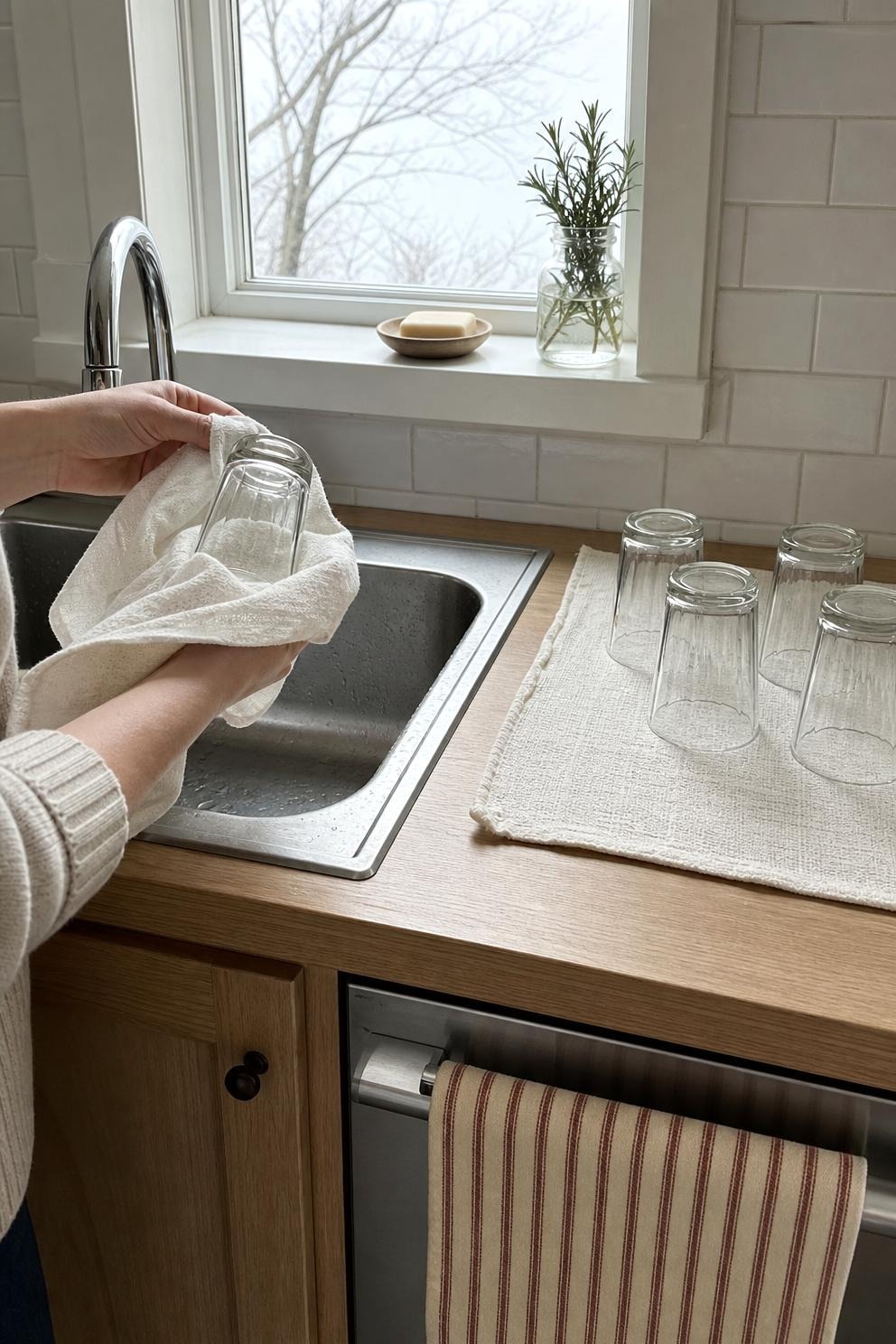 Hands drying a drinking glass with a plain cream flour sack towel at the sink while a rust and cream striped towel hangs untouched and square on the dishwasher handle below