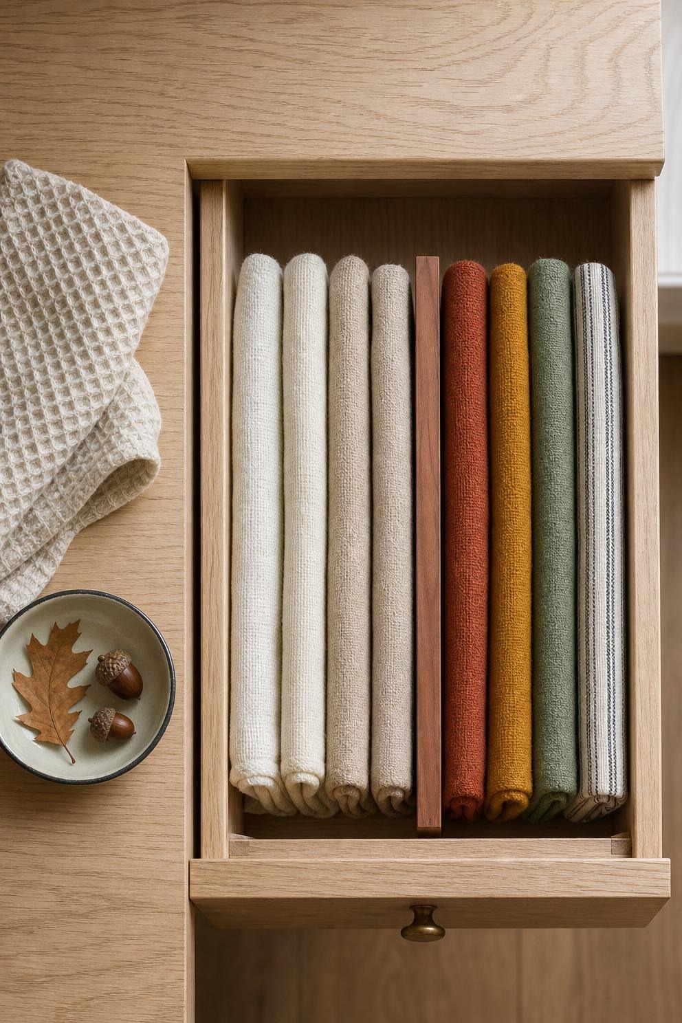 A kitchen drawer seen from above with towels folded upright on their edges, four plain cream and oat ones on the left, a cedar divider, then rust, mustard, sage and ticking stripe on the right