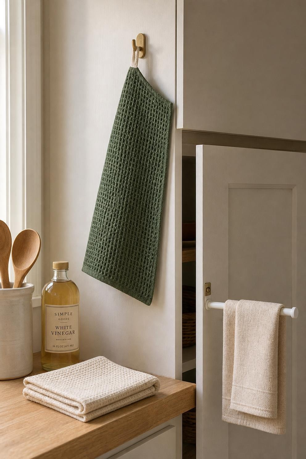 A sage waffle weave towel hanging flat from a small brass hook on the side of a kitchen cabinet, with a tension rod holding cream towels inside an open cabinet door and a bottle of white vinegar on the counter