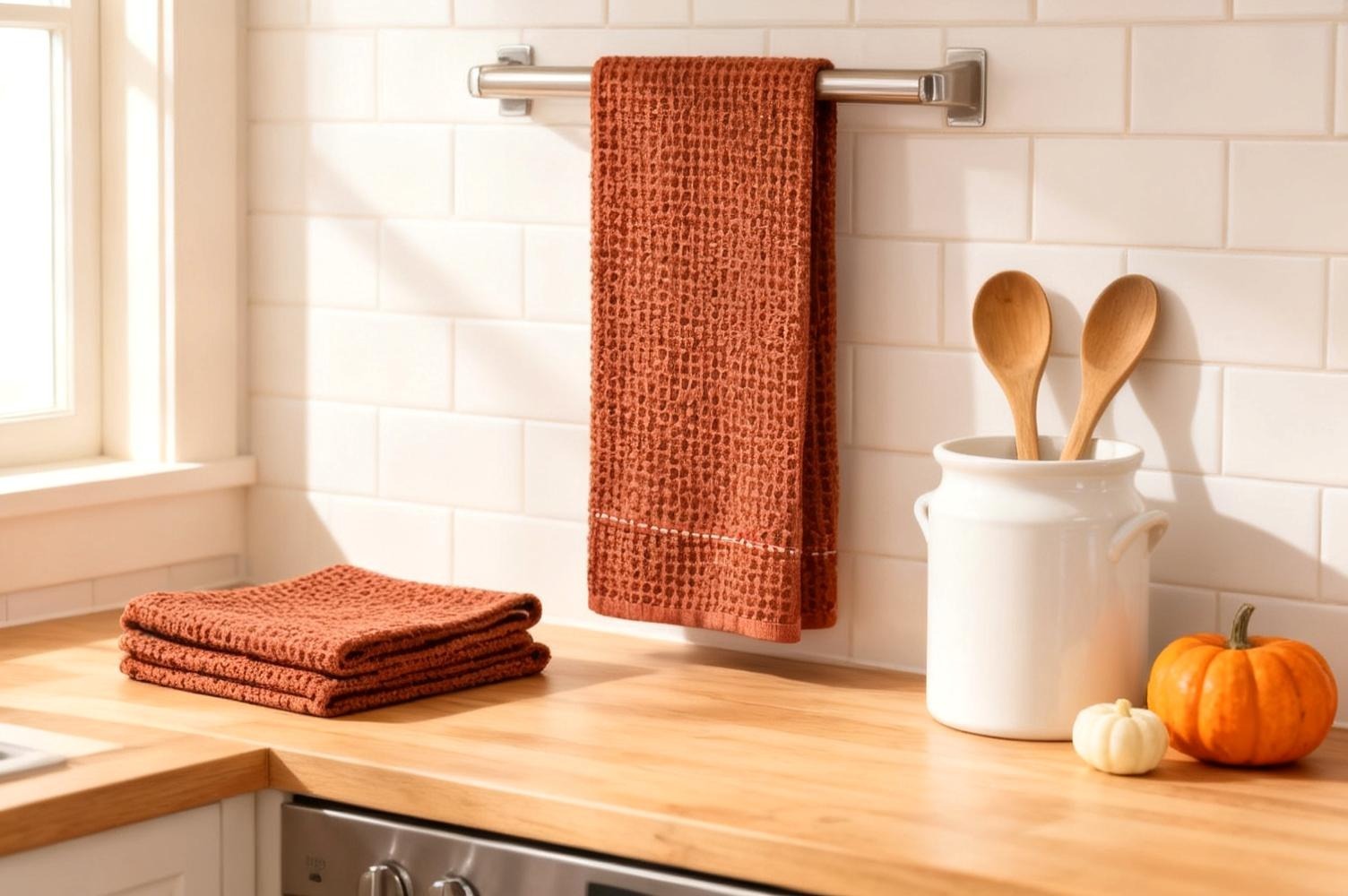 Rust waffle weave kitchen towels folded in a low stack on a pale oak counter with one hanging over a bar behind, beside a crock of wooden spoons and a small pumpkin