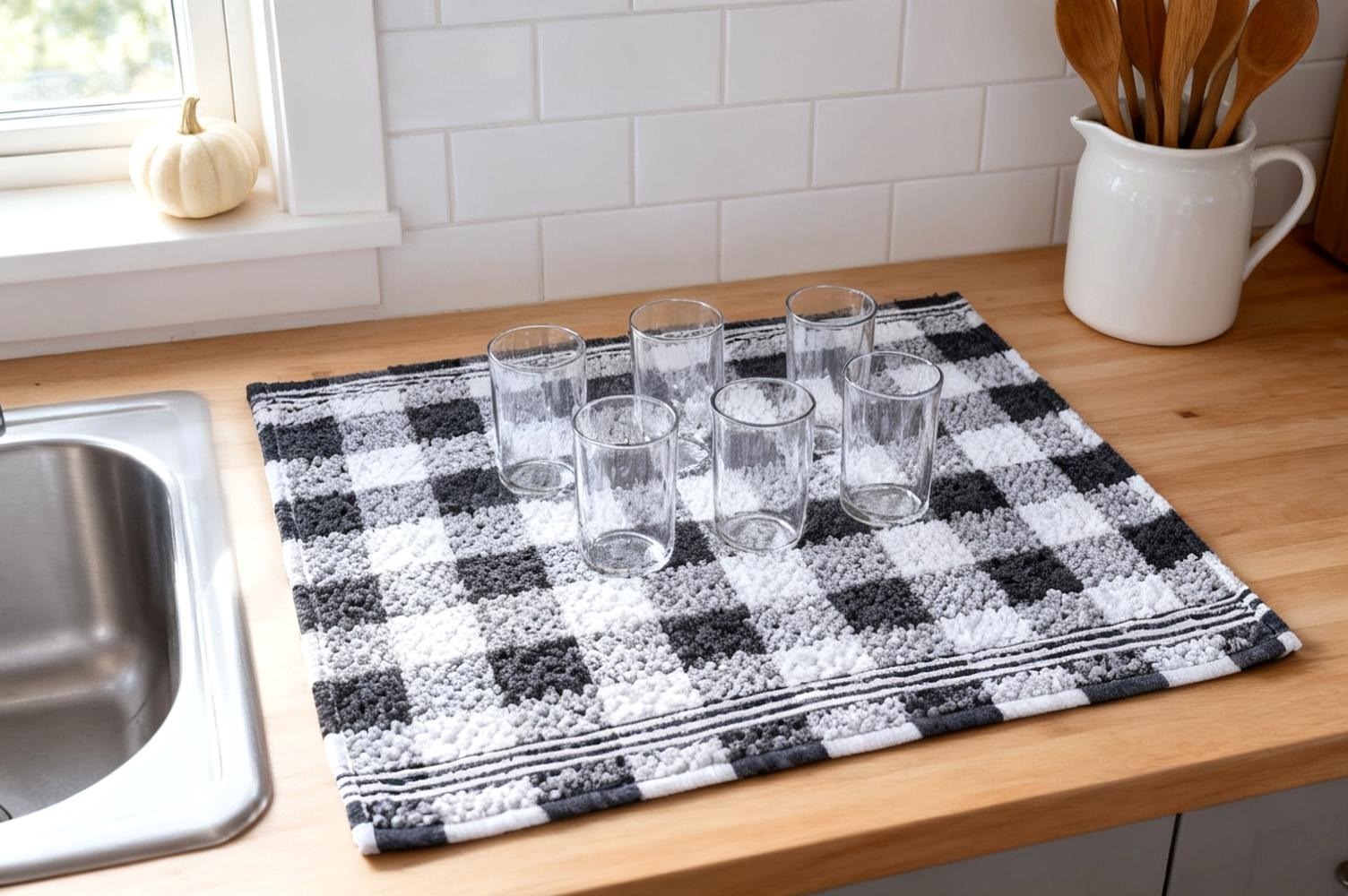 A checked cotton popcorn terry kitchen towel laid flat on a pale oak counter beside a stainless sink with six clean drinking glasses standing upside down on it