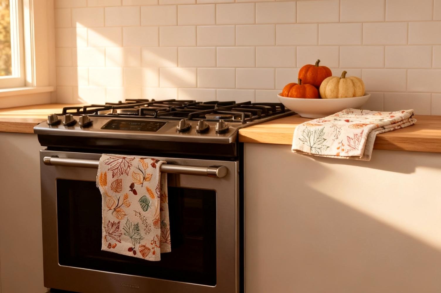 A printed autumn leaves cotton kitchen towel hanging square over a stainless oven door handle with a second folded flat on the counter beside a white bowl of small pumpkins