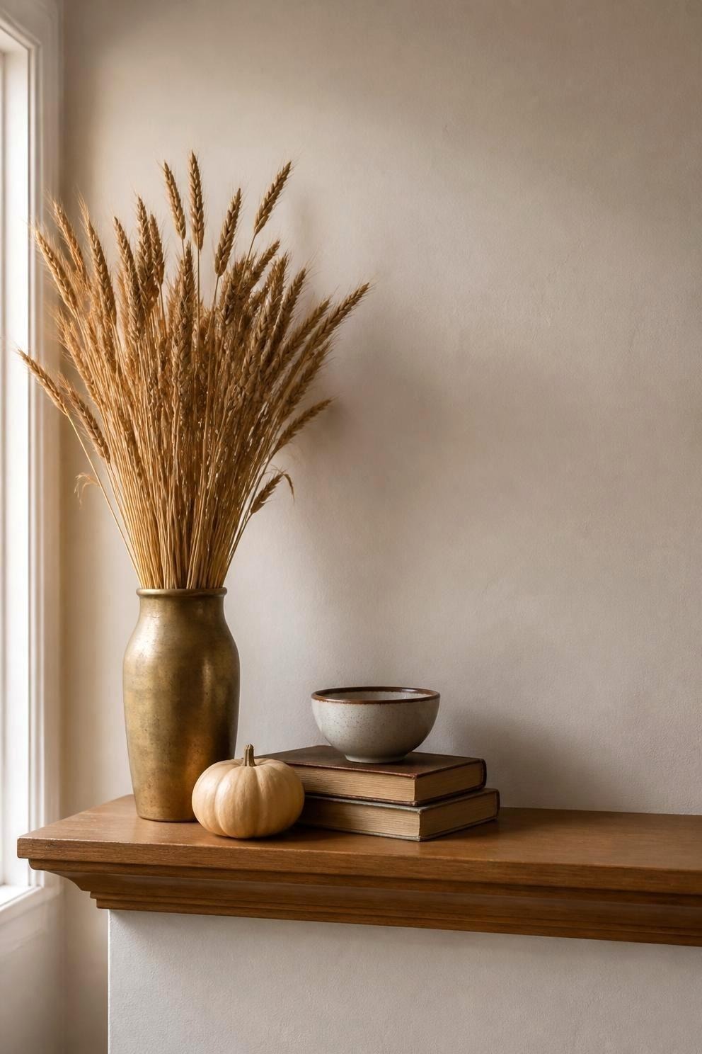 Close view of the left third of a mantel shelf showing a tall vase of dried wheat, a shorter stack of two books with a small bowl on top, and a low pale pumpkin near the front edge