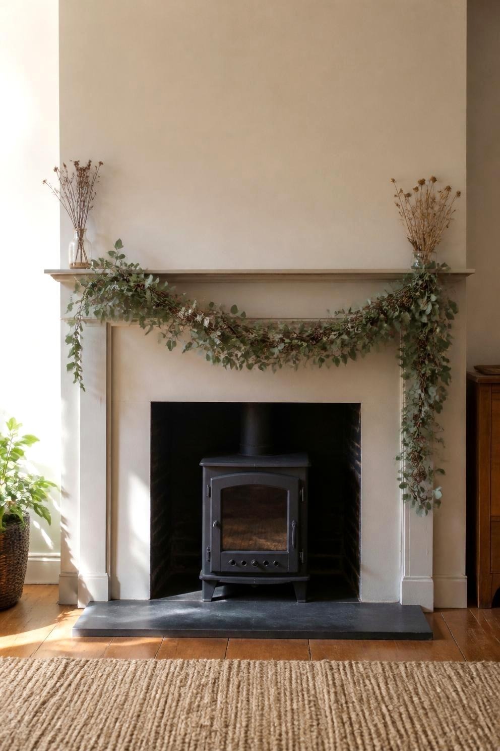 A garland draped along a mantel shelf with an uneven swag, the low point off center, one tail hanging longer than the other, and small clusters of dried material near each end