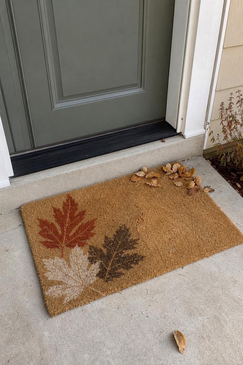 Leaf-pattern fall doormat on a covered front porch step, slightly worn at the edges
