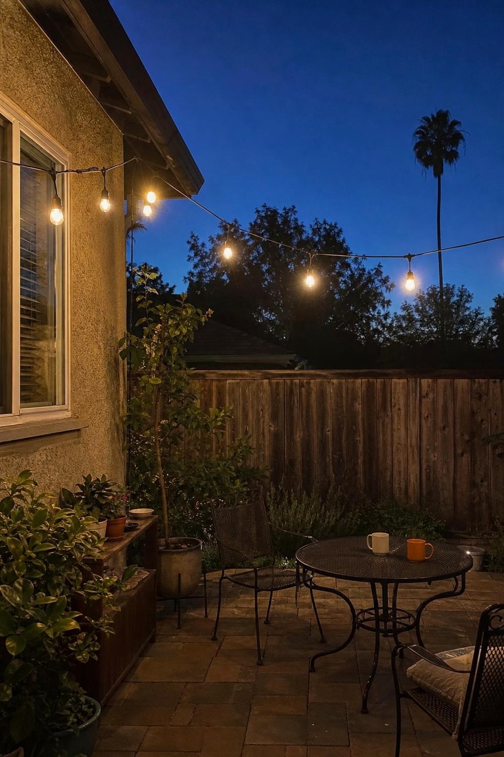 String lights with warm Edison-style bulbs strung along a porch beam at dusk