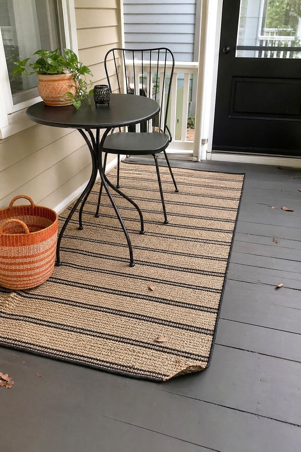Small beige and black striped washable rug at a covered porch entry, sized for a landing rather than a full patio
