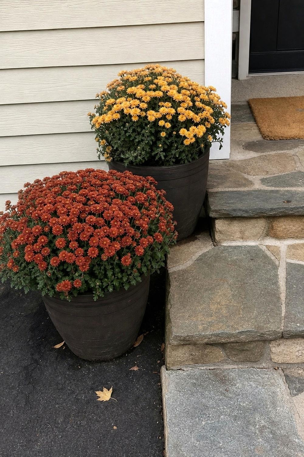 Faux mum stems arranged in a porch planter beside a front step