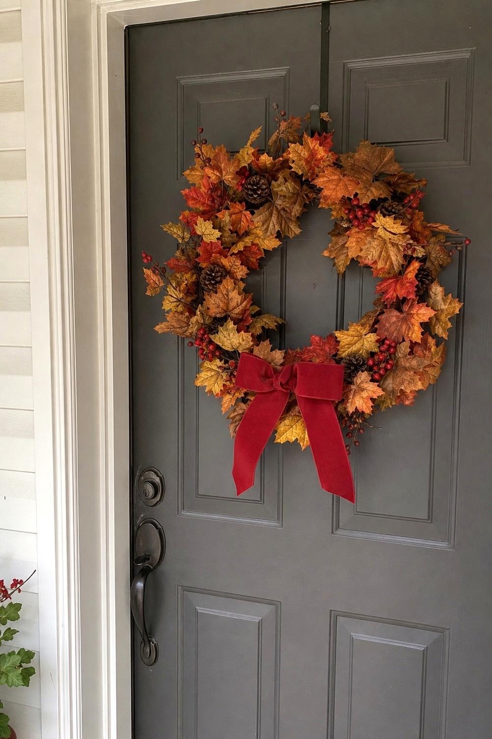 Full 24-inch fall wreath with maple leaves, pine cones, and a bow hanging on a covered front door