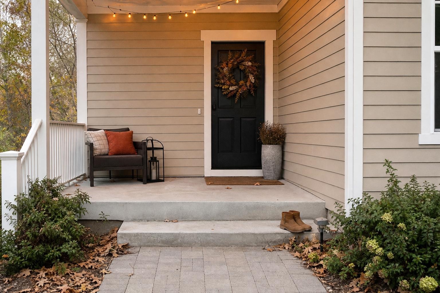Covered front porch in early fall with a leaf-pattern doormat, string lights along the beam, a wreath on the door, and two tall planters flanking the entry