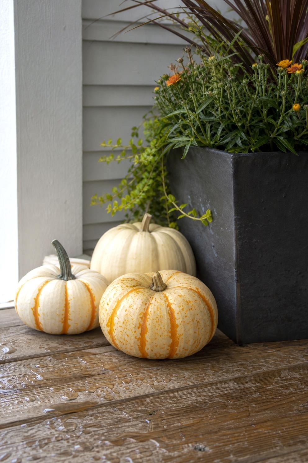 three small intact pumpkins grouped low beside a porch planter on a dry riser