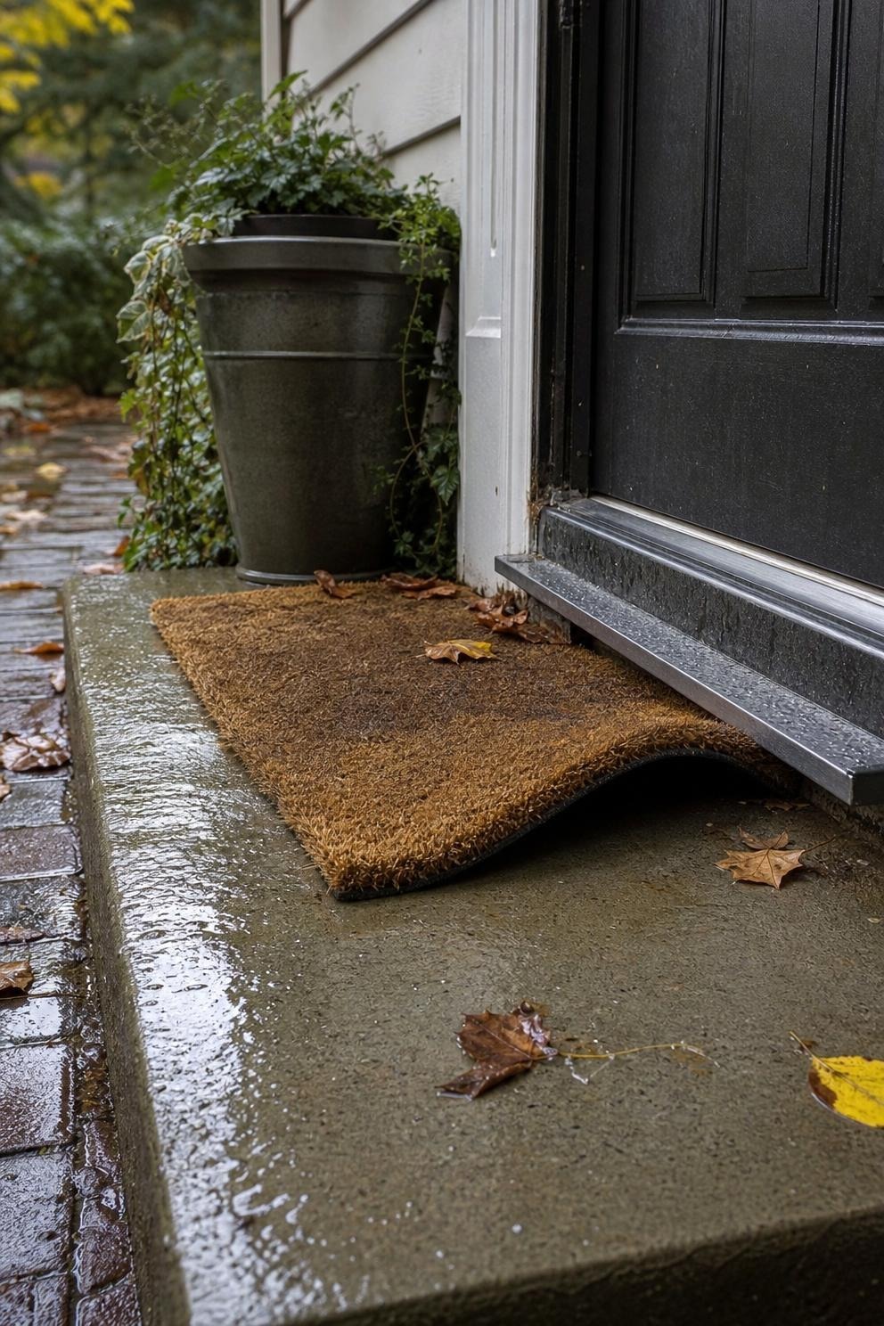 low-profile outdoor doormat at a fall entry with clear drainage and an unobstructed door swing