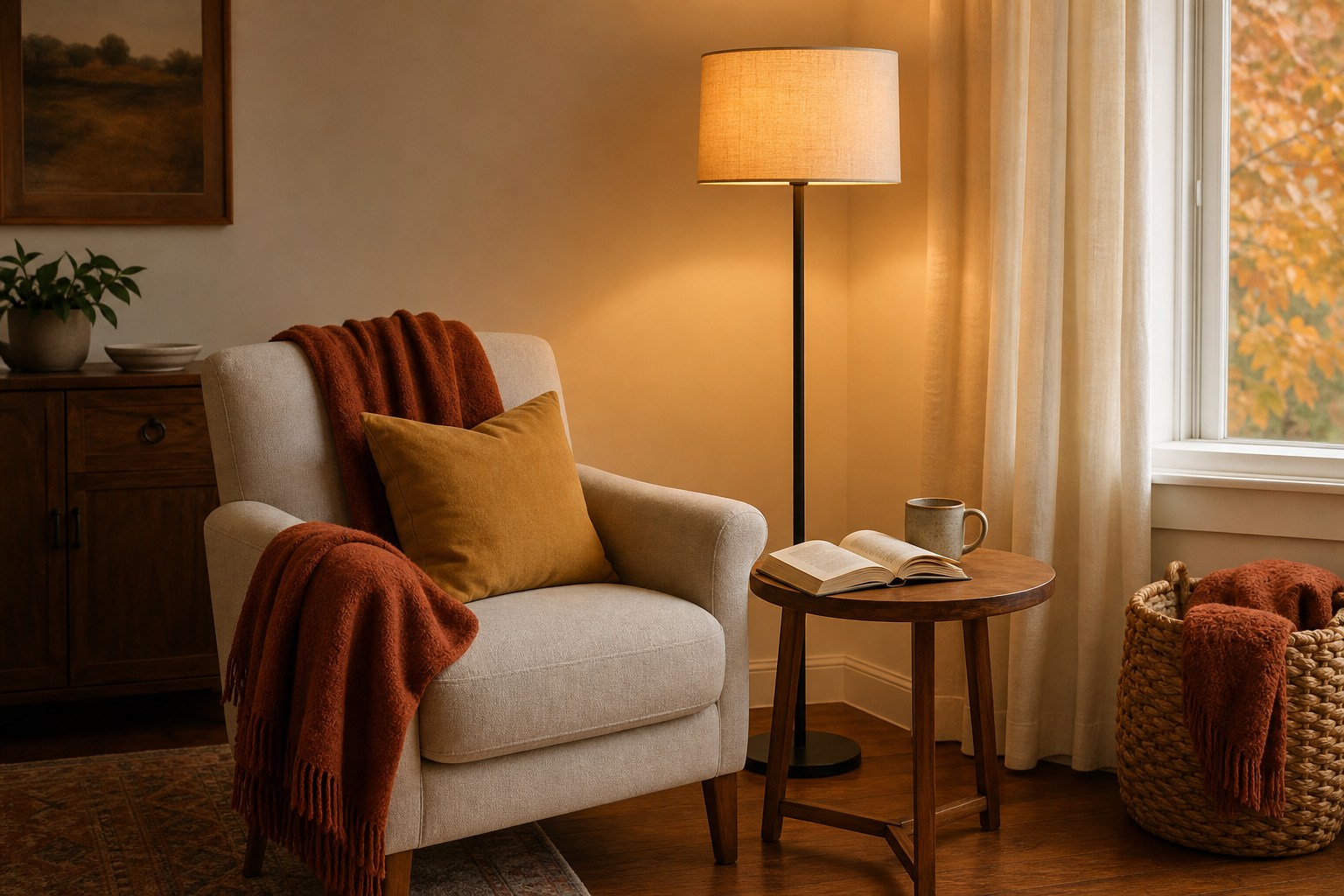 Close view of a reading chair with a shaded floor lamp positioned over the reader's shoulder and a clear path beside it