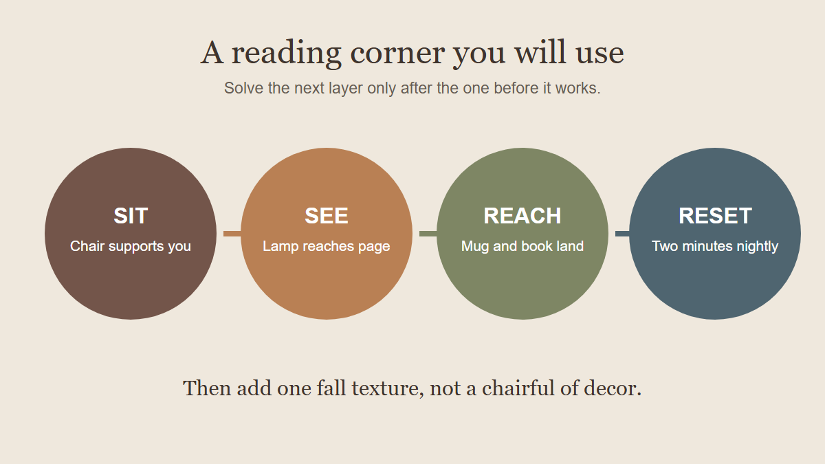 Infographic showing chair, light, reach, and reset as the four layers of a usable fall reading corner