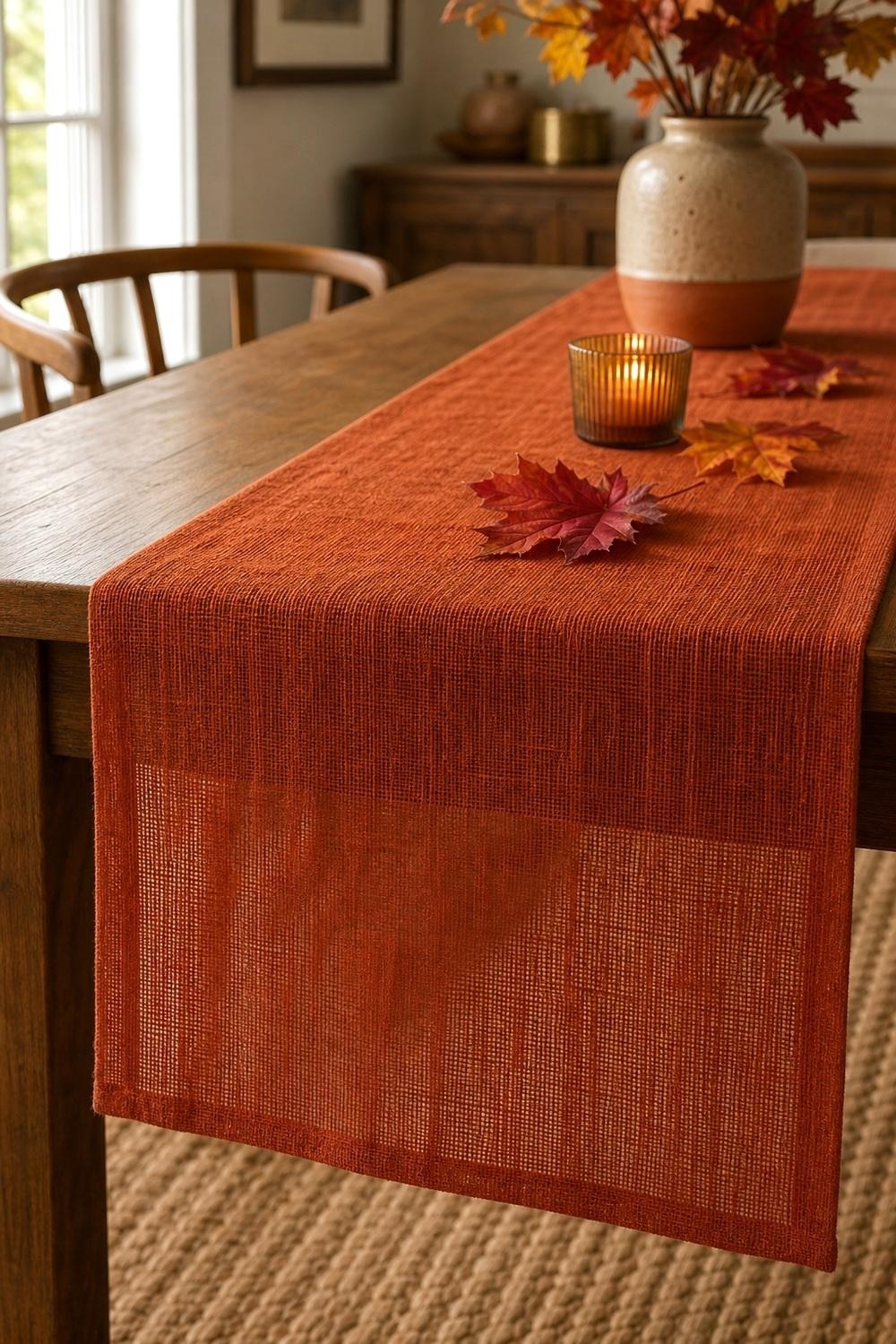 Terracotta cheesecloth table runner laid down the center of a wood dining table