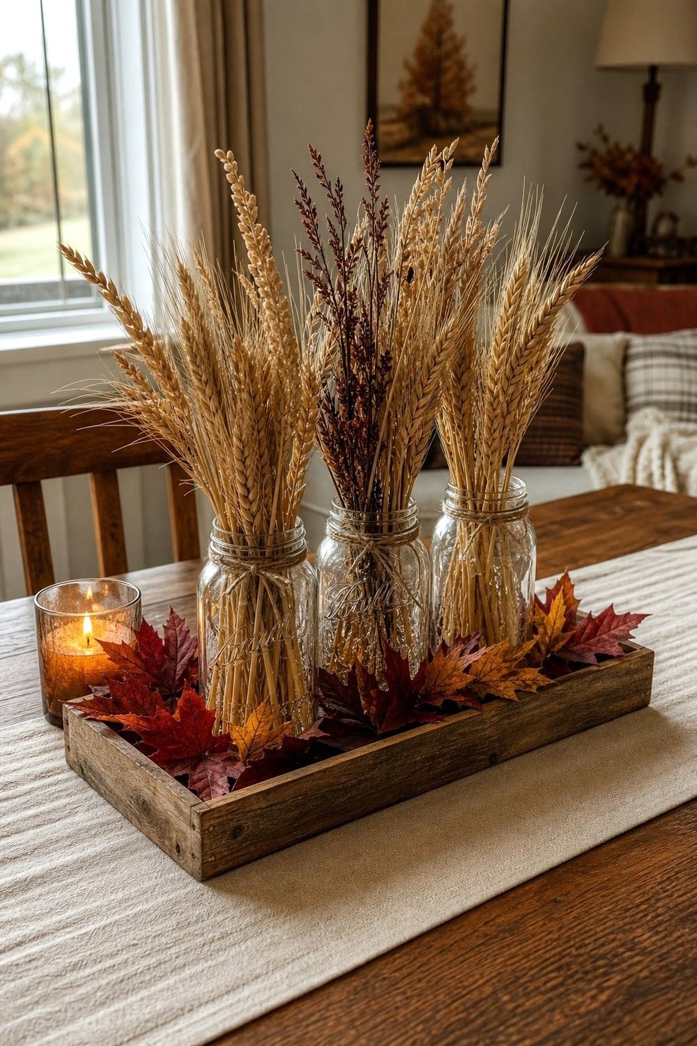 Three mason jars on a wooden tray set at the center of a farmhouse dining table
