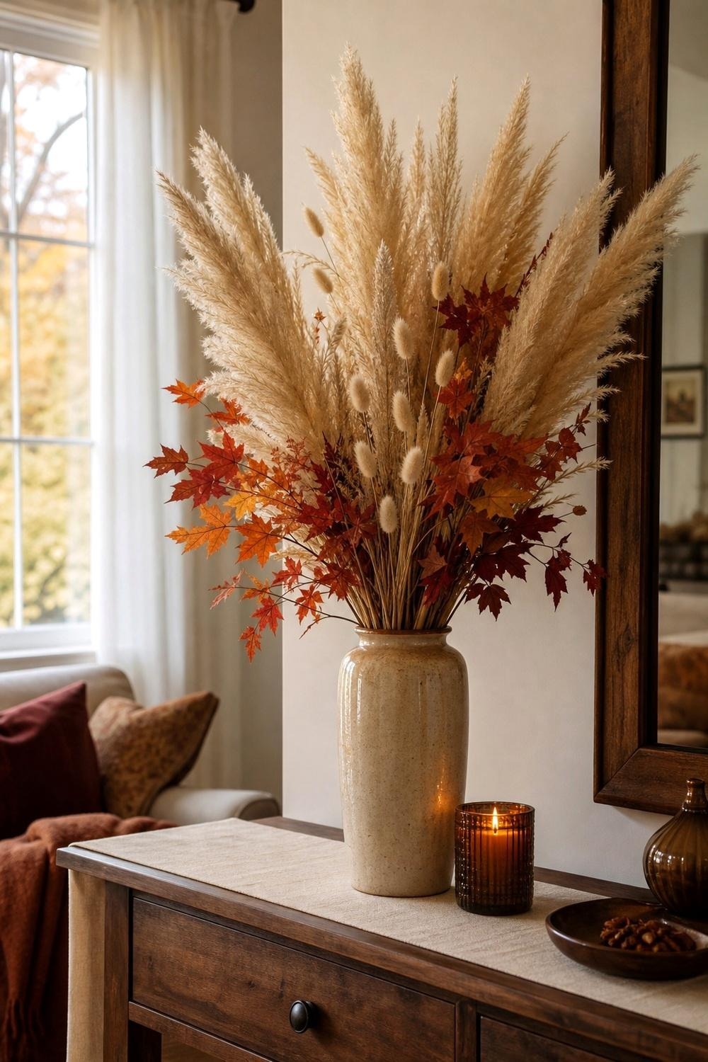 Tall dried pampas grass stems arranged in a floor vase beside a console table