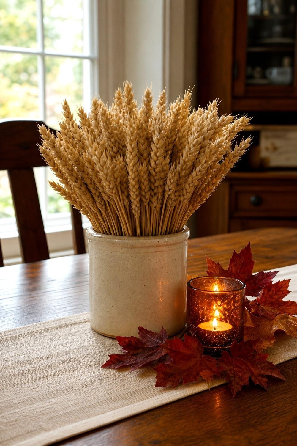 Short dried wheat stalks in a low mason jar at the center of a set dining table