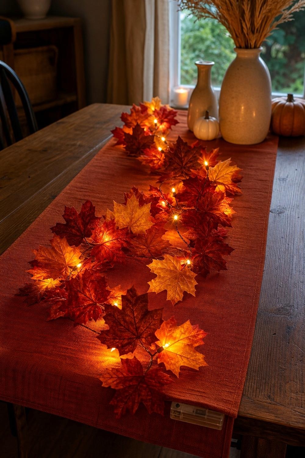 Maple leaf garland with small warm lights draped along the edge of a fall table setting