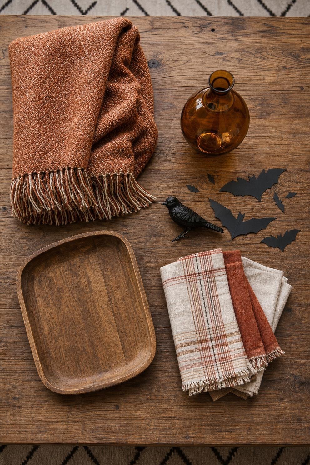three labeled groups of autumn decor showing neutral items to keep, table pieces to move, and Halloween accents to store