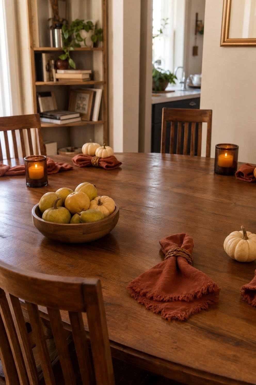 simple Thanksgiving table with low wood bowl, pears, cloth napkins, and amber flameless candles