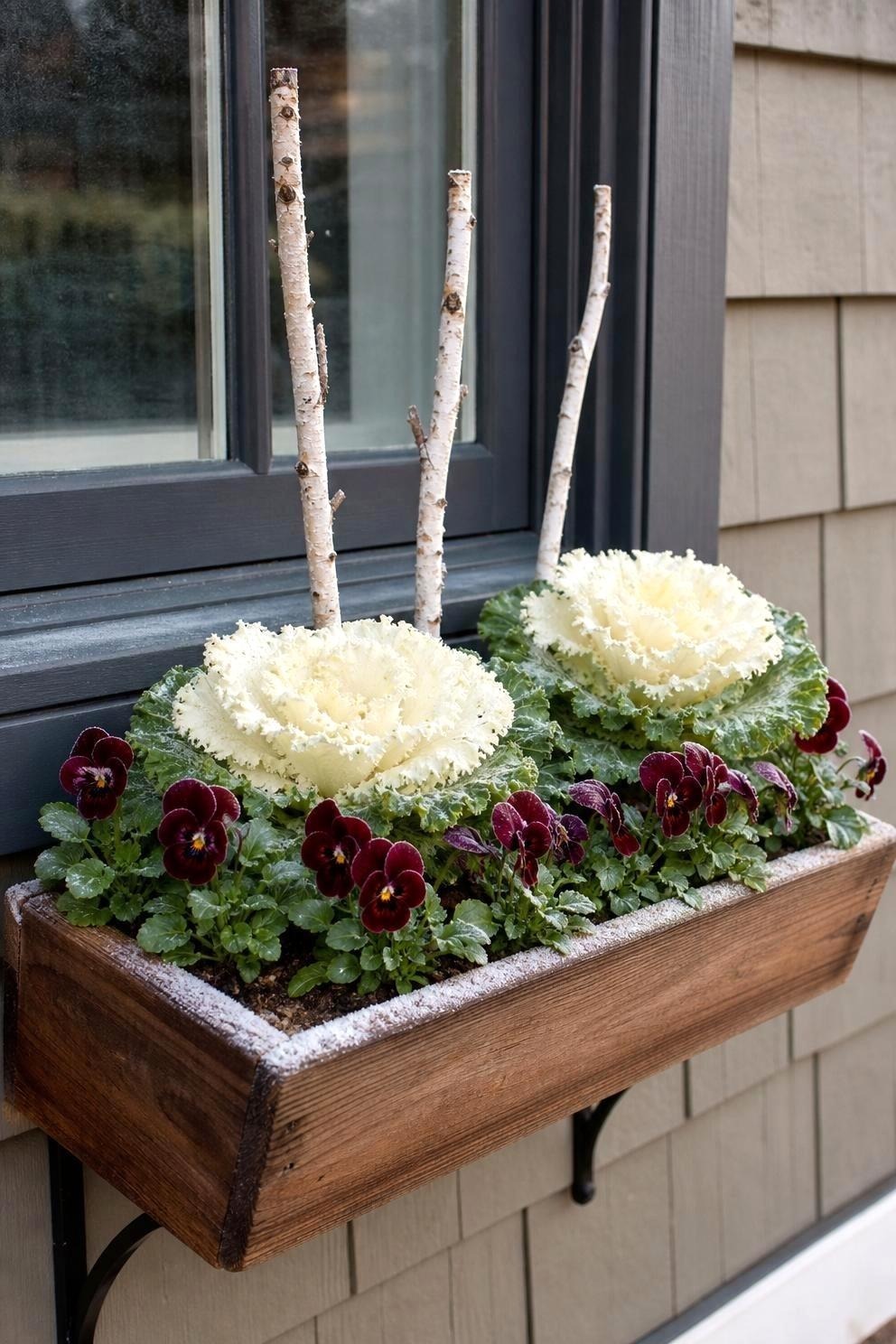 Fall window box planted with cream ornamental kale, burgundy violas, and three slim birch twigs after a light frost