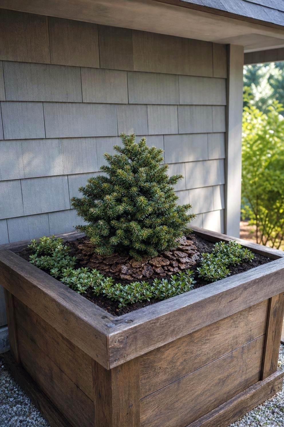 Deep wooden window box with one compact dwarf evergreen, low wintergreen foliage, and a simple bark mulch collar