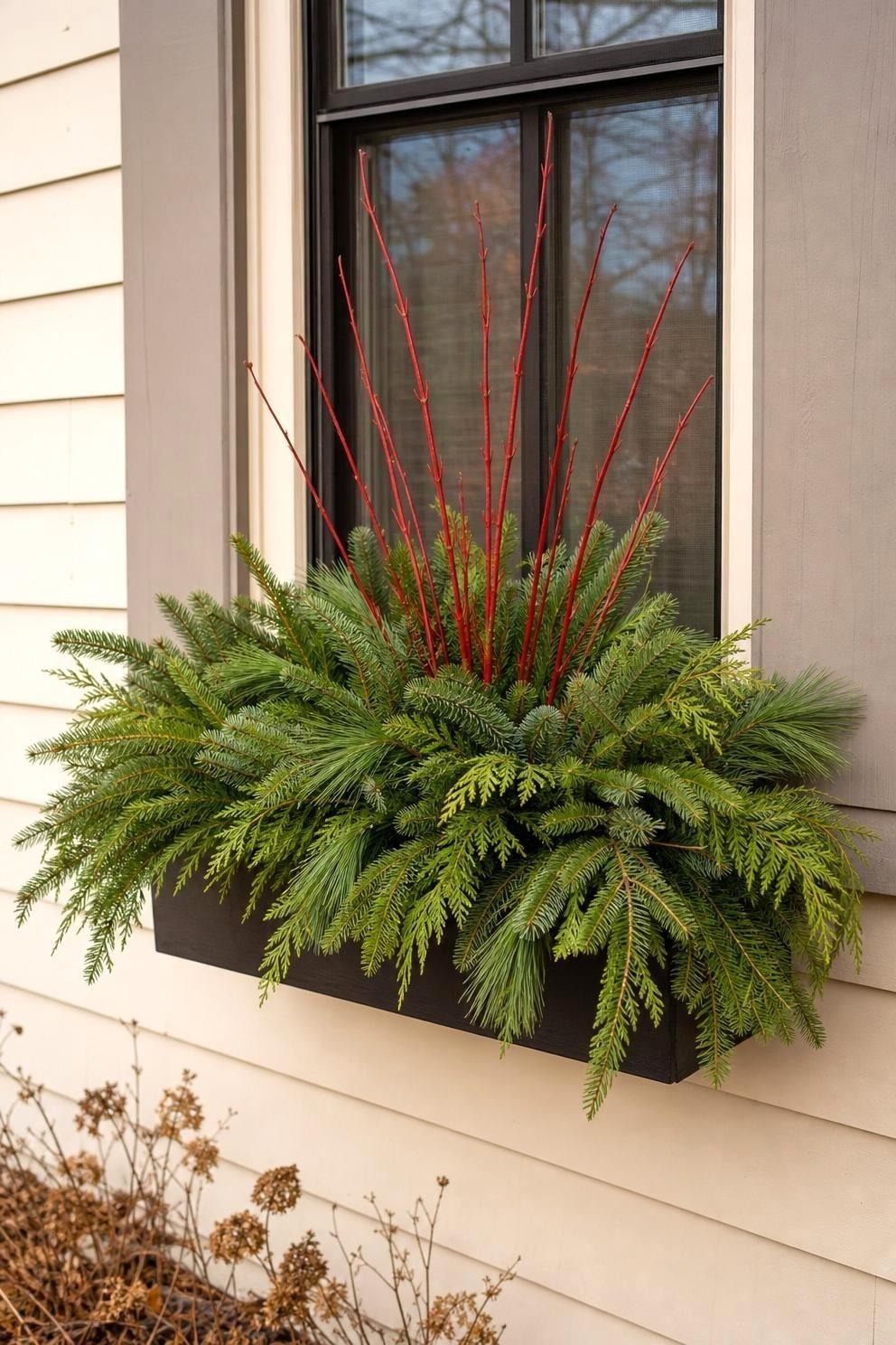 Winter-transition window box filled with mixed fir and pine boughs plus upright red twig dogwood stems