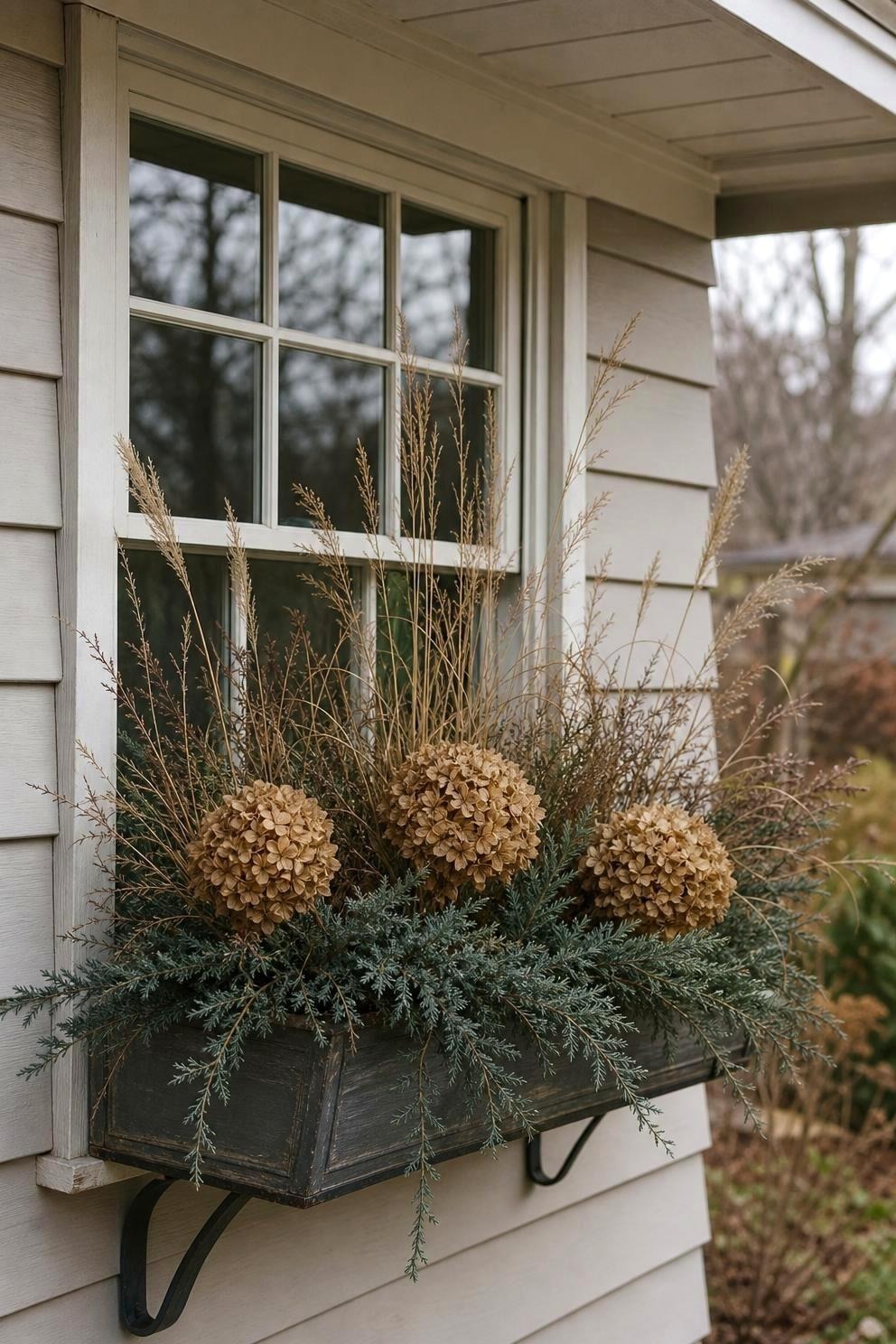 Dry late-fall window box with faded hydrangea heads, upright grass seed heads, and restrained blue-green juniper tips