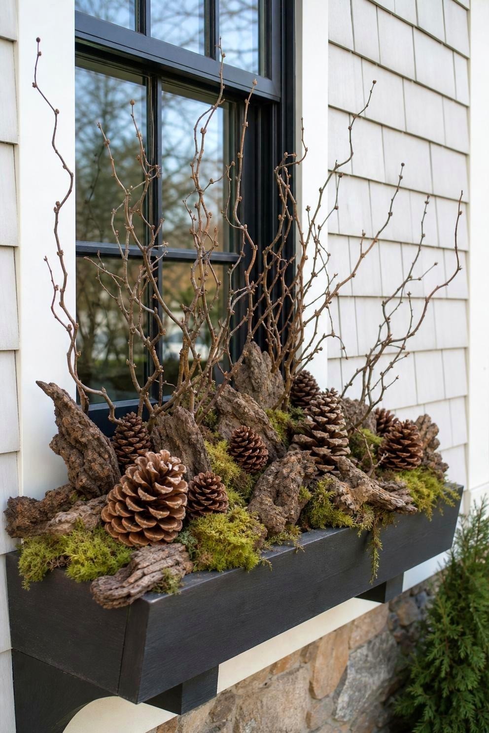 Minimal late-fall window box with large pinecones, rough bark pieces, green sheet moss, and branching hazel stems
