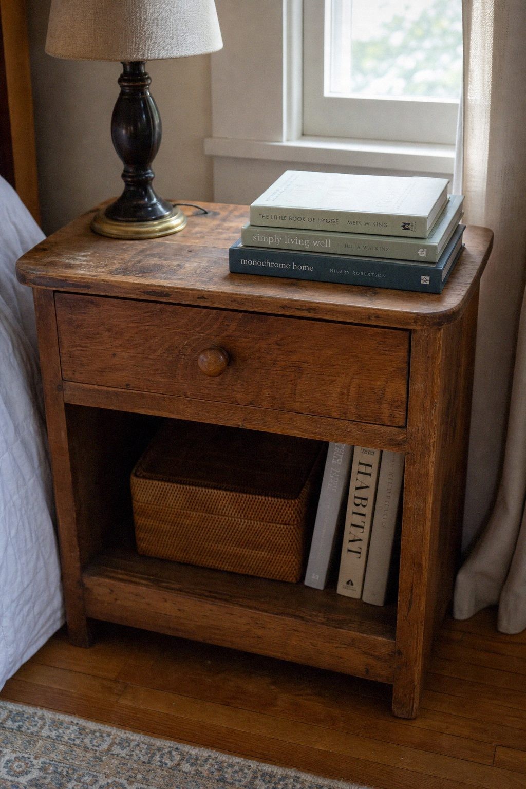 A farmhouse bedroom with one intentionally bare wall behind the headboard and warm natural light