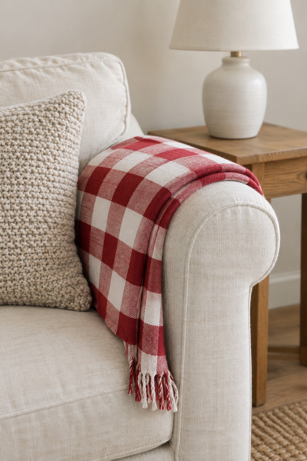 Cream linen sofa in a small living room with a red and white buffalo check cotton throw folded in thirds over the right arm, one oatmeal knit pillow and a wooden side table with a lit lamp