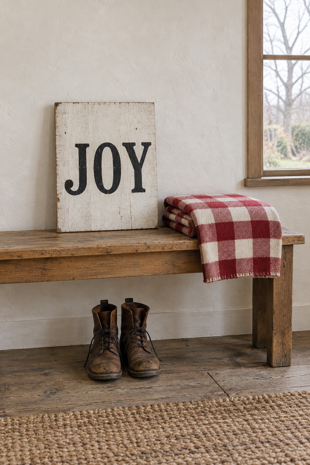 Whitewashed wooden board with the word JOY hand-painted in black capital letters, leaning on a wooden entry bench beside a folded plaid blanket and a pair of boots on the floor