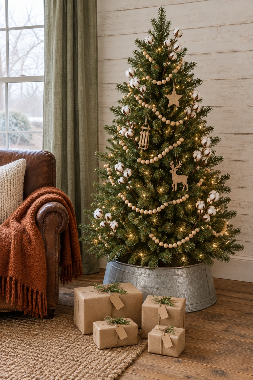 Short Christmas tree with warm white lights, wood bead garland, wooden ornaments and cotton stems, standing in a galvanized metal collar with four gifts wrapped in brown kraft paper and jute twine with rosemary sprigs tied on