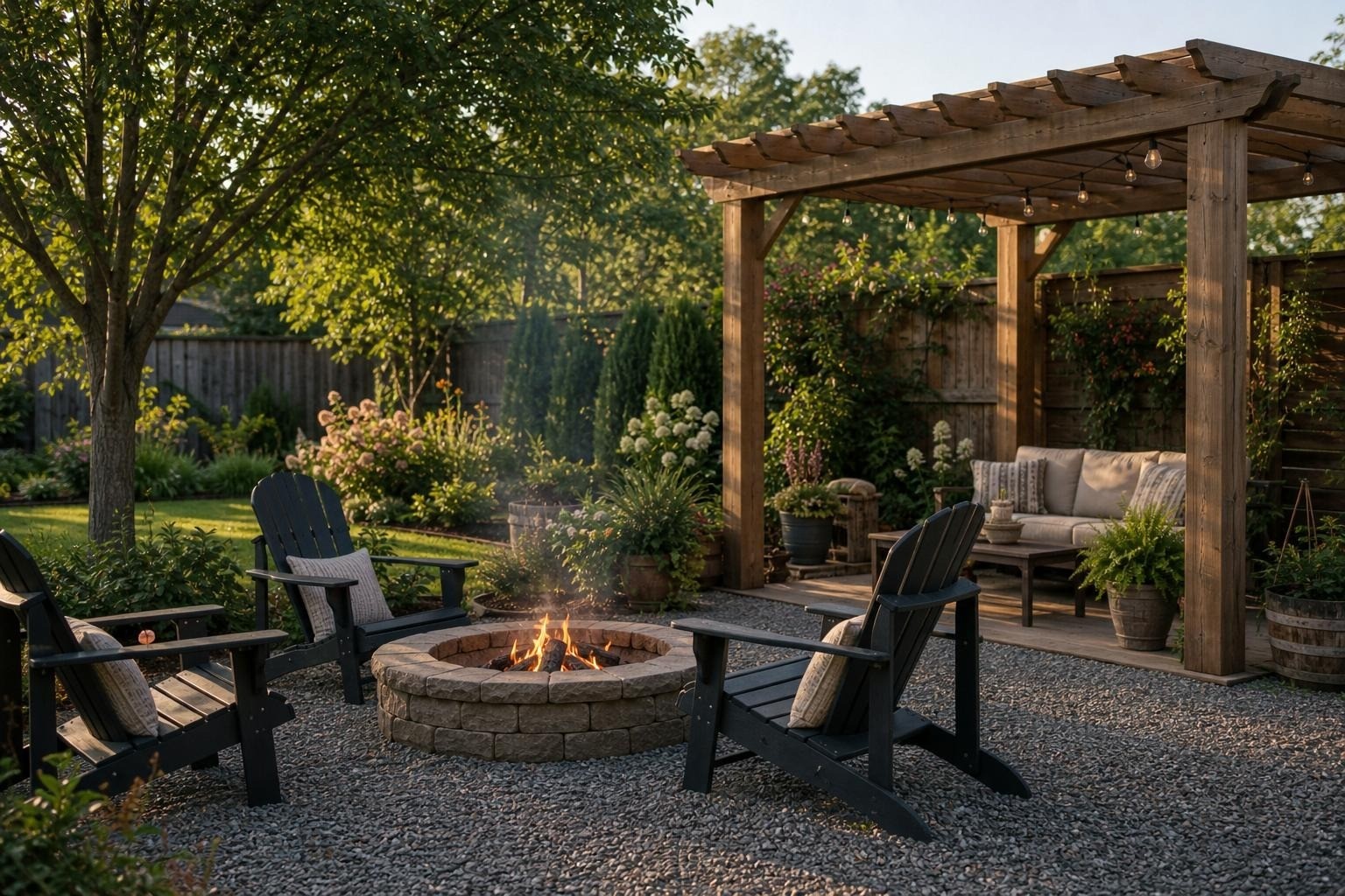 Backyard fire pit with a pergola beside the seating area instead of directly over the flame