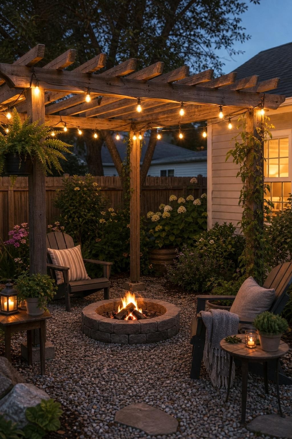 Simple backyard pergola with warm string lights beside a gravel fire pit seating area