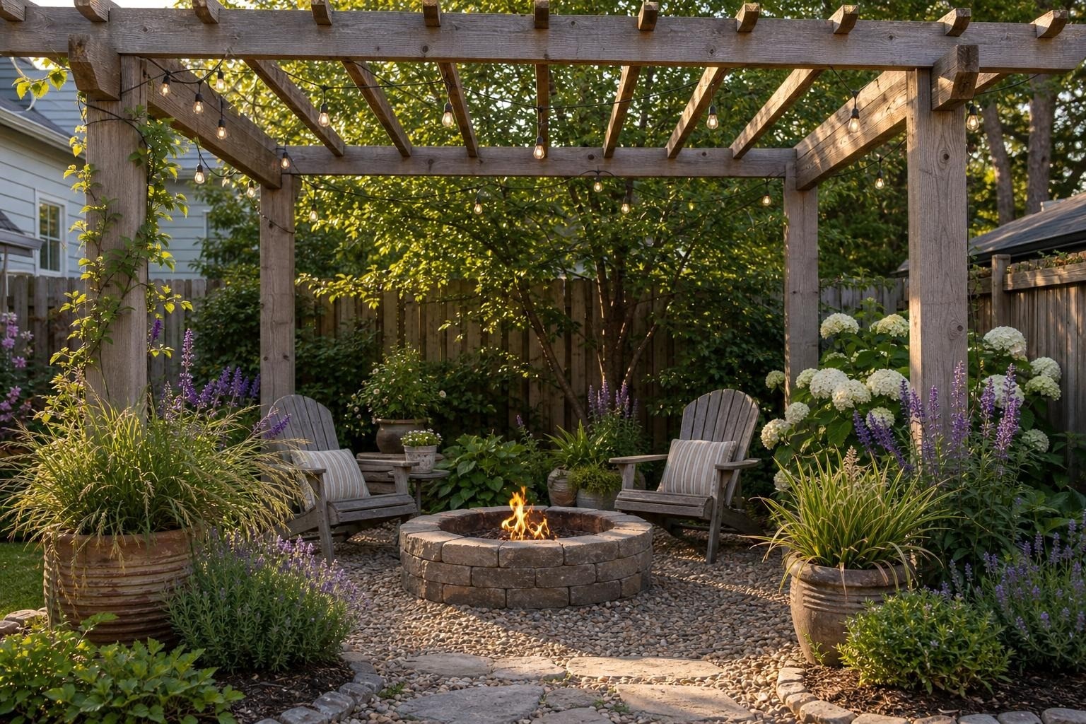 Modest backyard fire pit pergola with simple wood beams, chairs, gravel, and garden plants