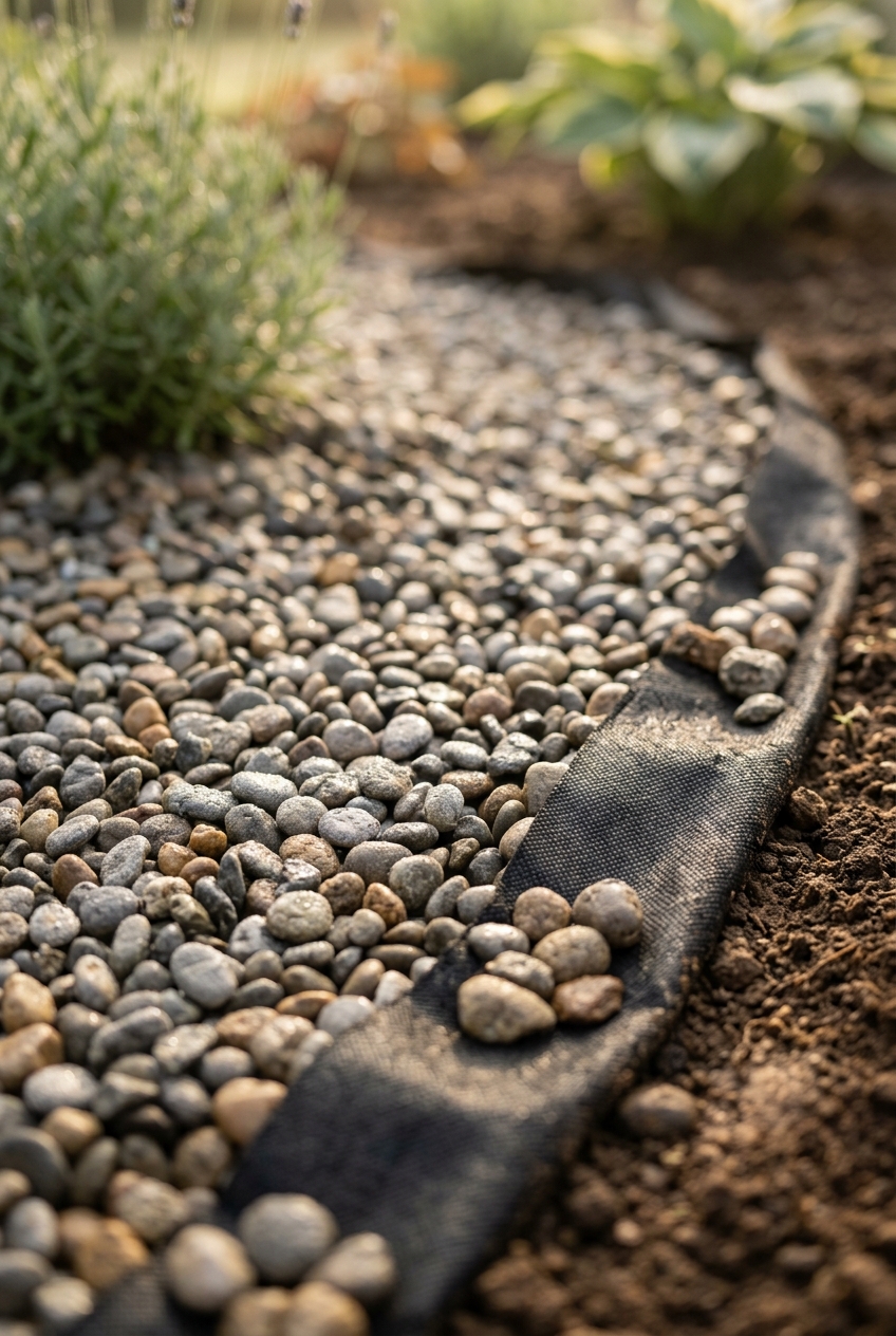 Gravel base layer with landscape fabric for fire pit foundation