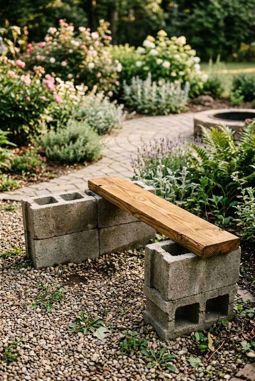 Cinder block bench frame with pressure treated lumber seat boards