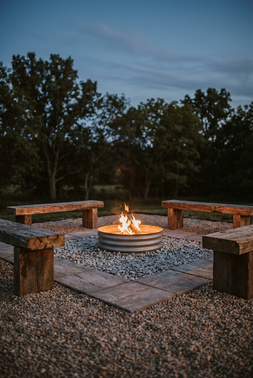 Completed fire pit seating area with gravel base and wooden bench seating
