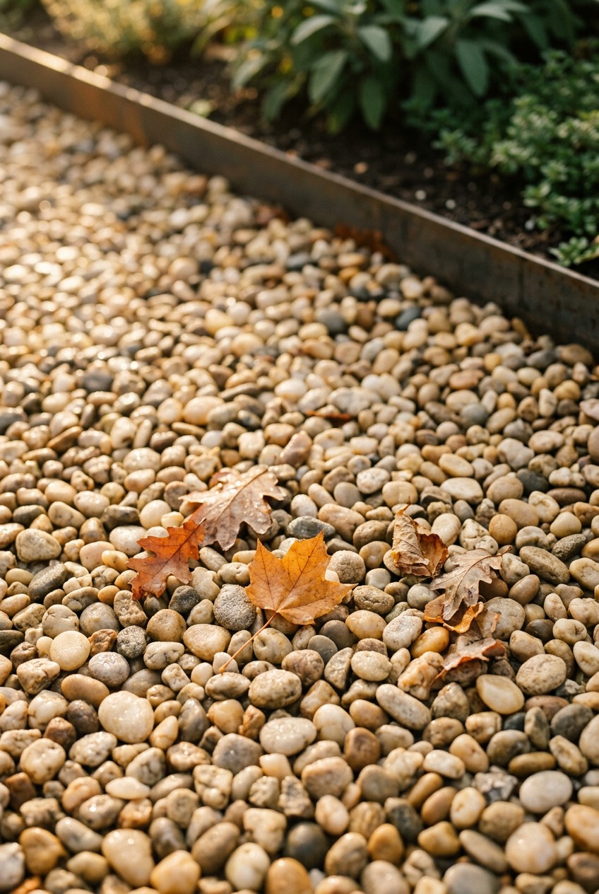 Pea gravel fire pit seating area with metal edging and Adirondack chairs