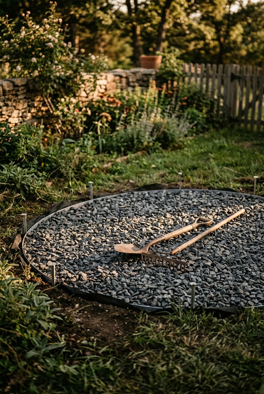 Crushed granite fire pit base with compacted surface and Adirondack chairs