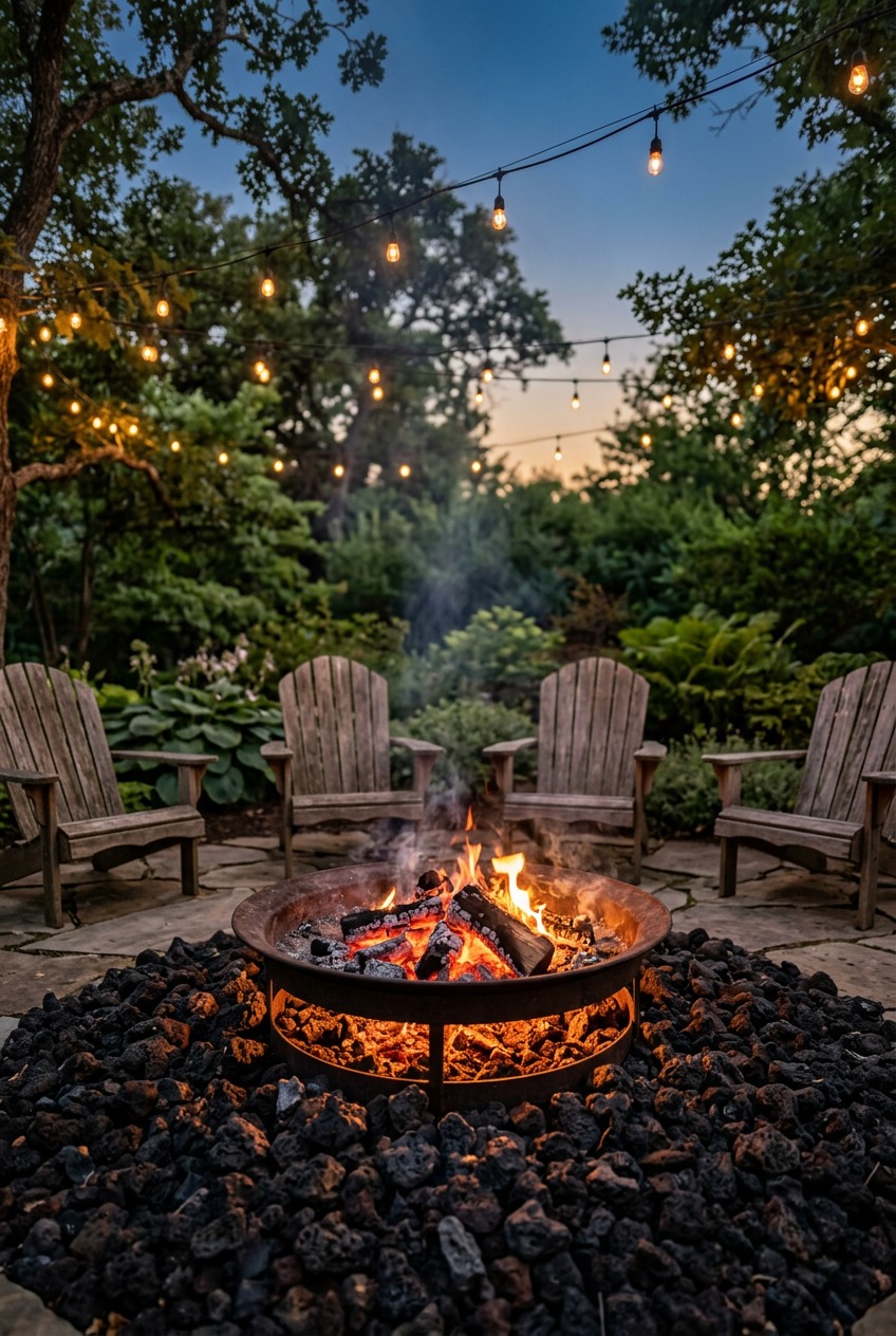 Lava rock fire pit area with metal edging and built-in seating