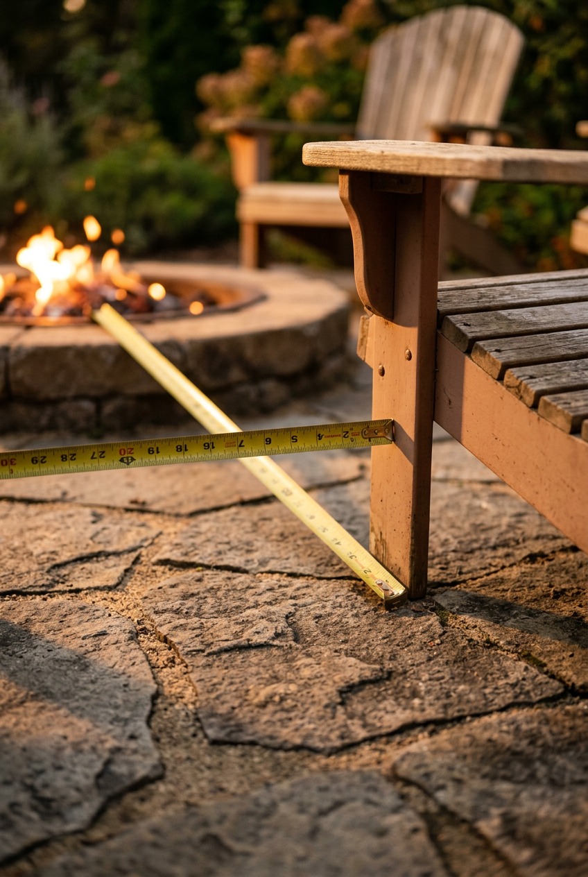 Overhead view of circular fire pit seating area with measurement annotations showing safety clearances and chair spacing