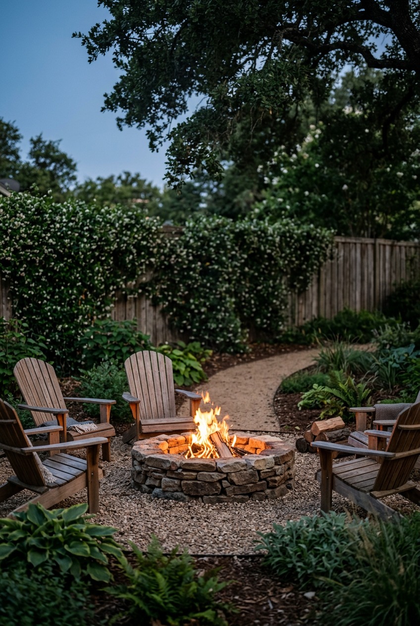 Side view diagram showing vertical clearances from fire pit to overhead tree branches with 21 foot measurement